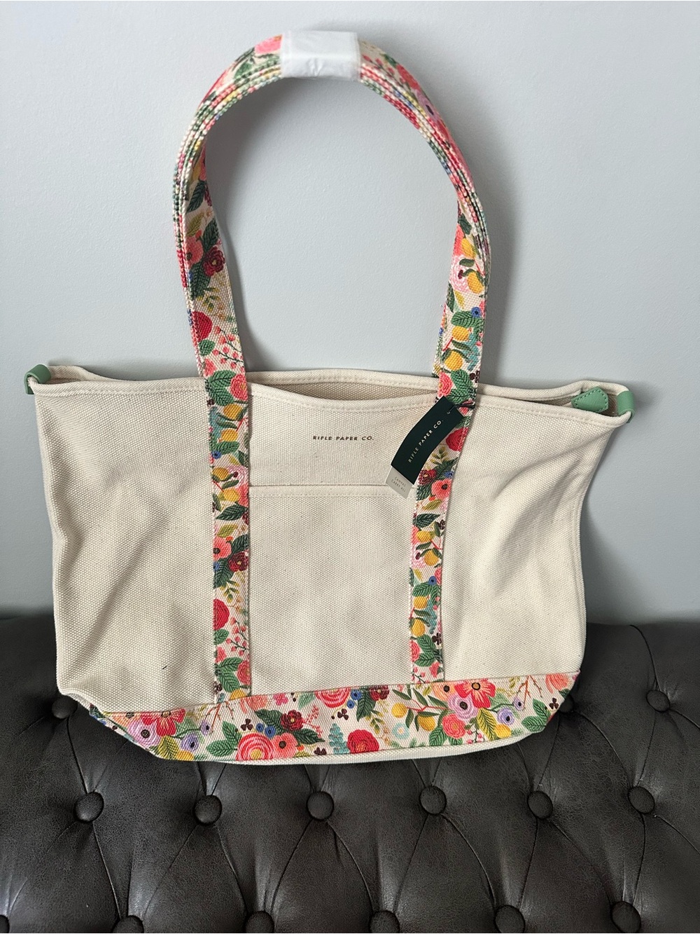 Rifle Paper Co. Cream Canvas Tote with Floral Trim and Straps